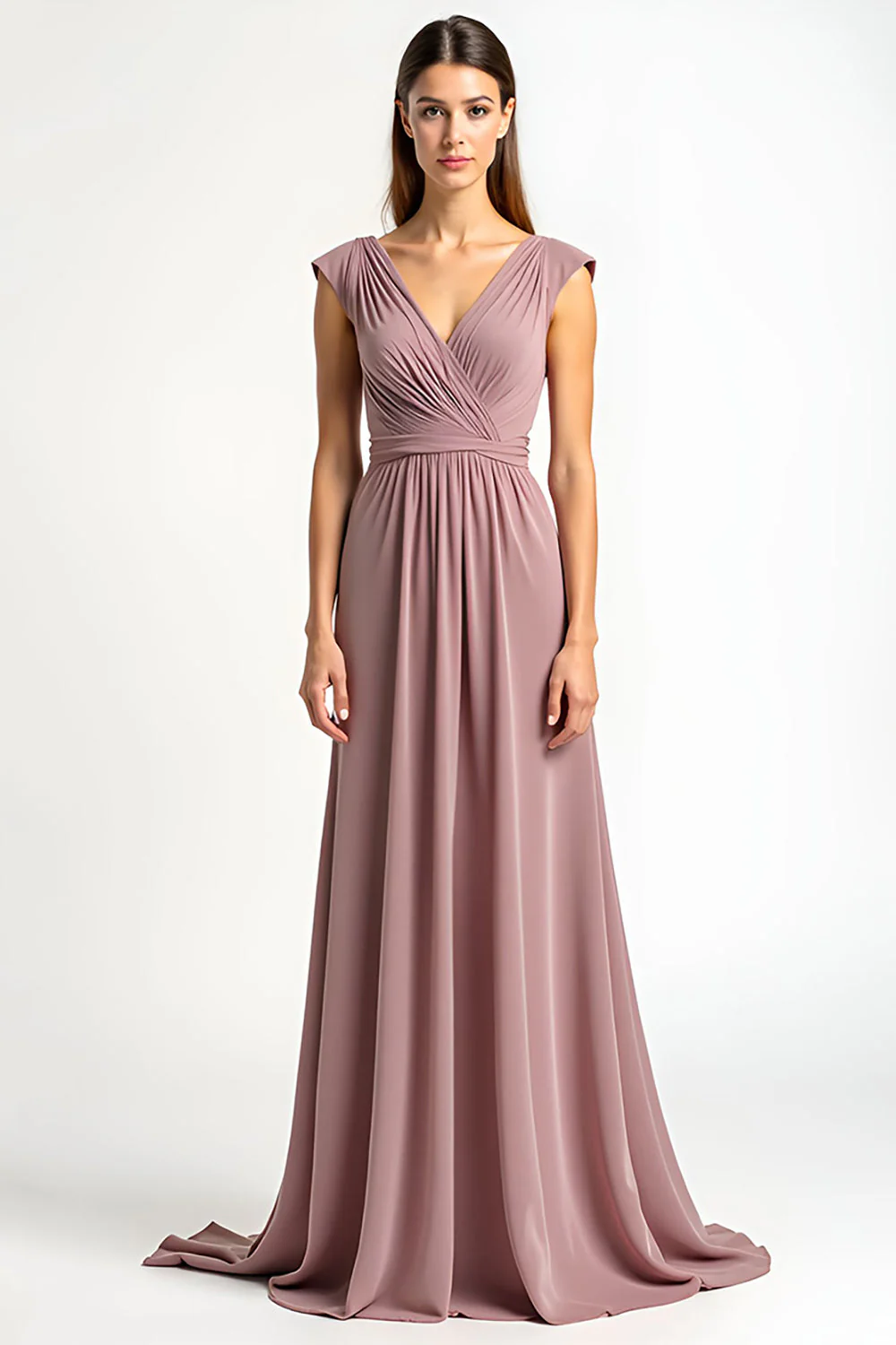 Dusty Rose A-line Wrap Dekolt W Szpic Plisowany Szyfon Długa Sukienka Dla Matki Panny Młodej - Image 4