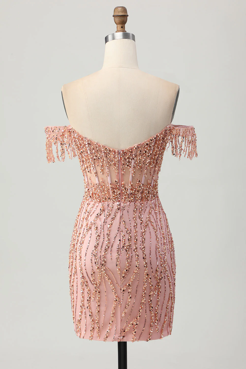 Dusty Rose Bodycon Off The Shoulder Gorset Krótka sukienka na powrót do domu z koralikami - Image 2