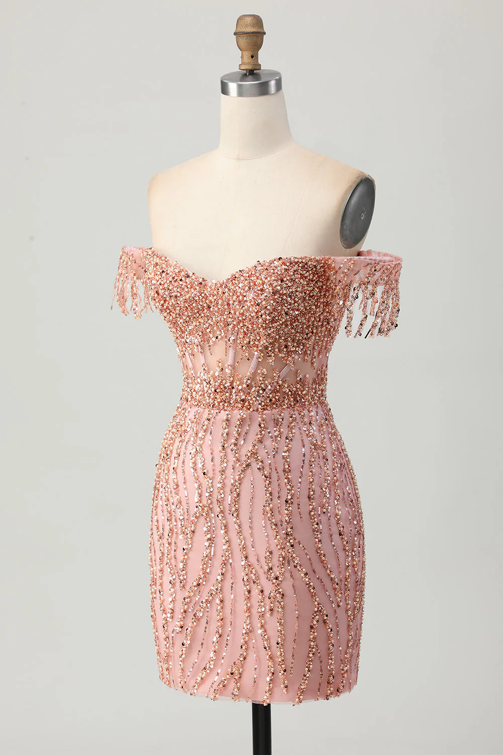 Dusty Rose Bodycon Off The Shoulder Gorset Krótka sukienka na powrót do domu z koralikami - Image 3