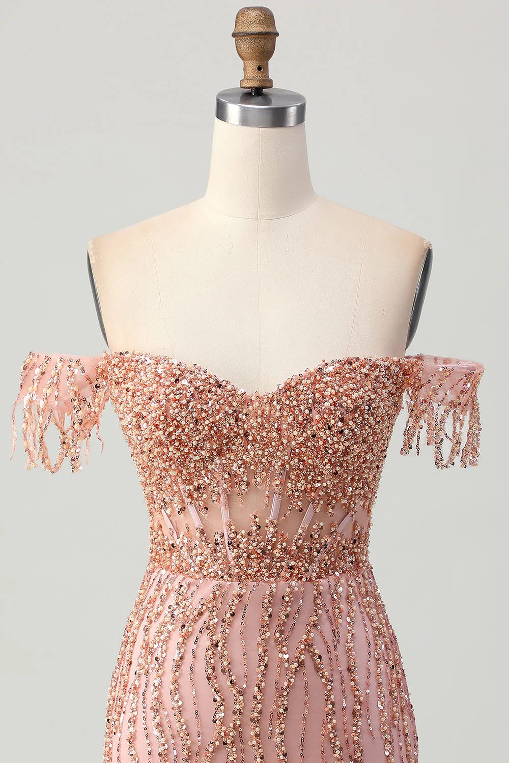 Dusty Rose Bodycon Off The Shoulder Gorset Krótka sukienka na powrót do domu z koralikami - Image 4