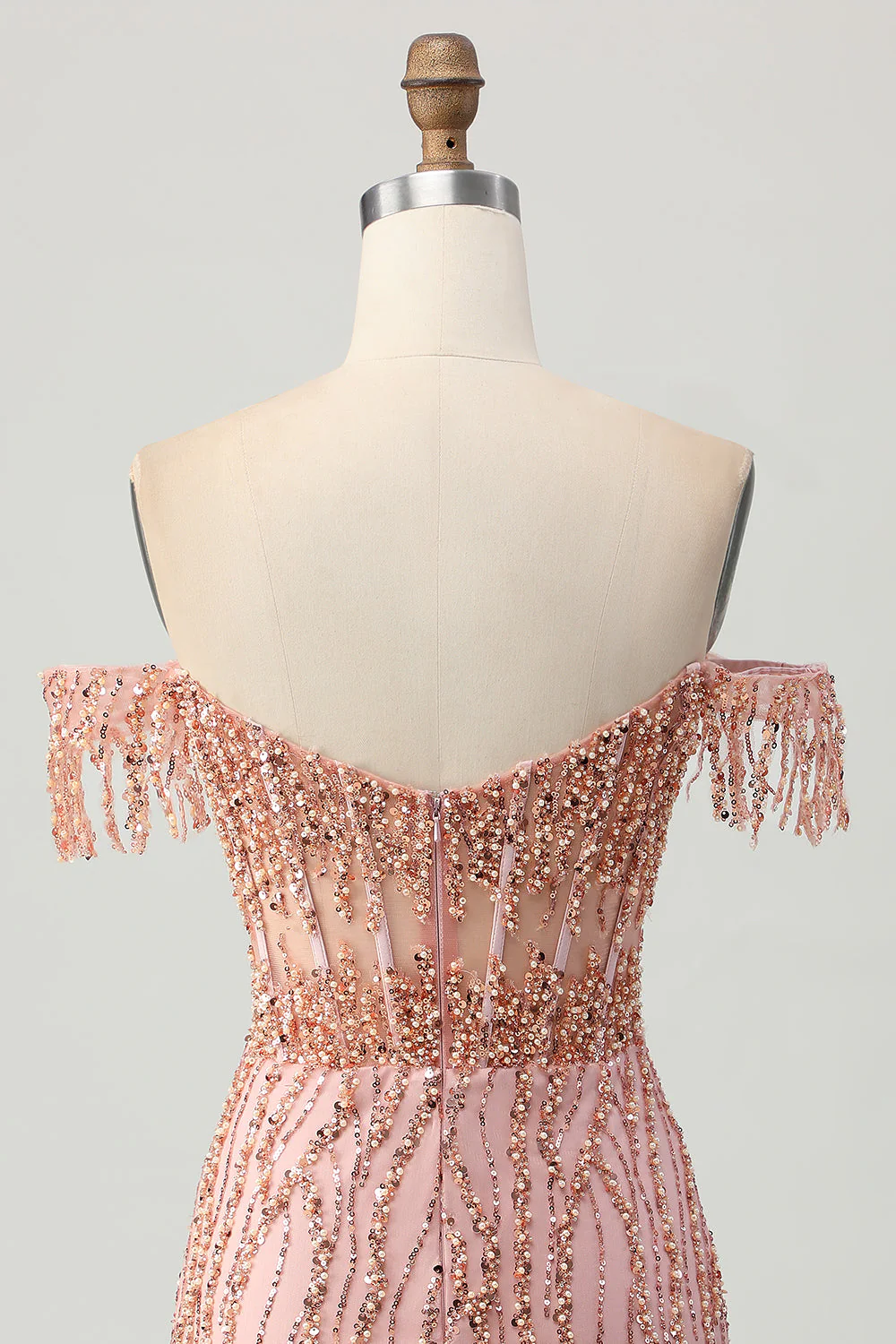 Dusty Rose Bodycon Off The Shoulder Gorset Krótka sukienka na powrót do domu z koralikami - Image 5
