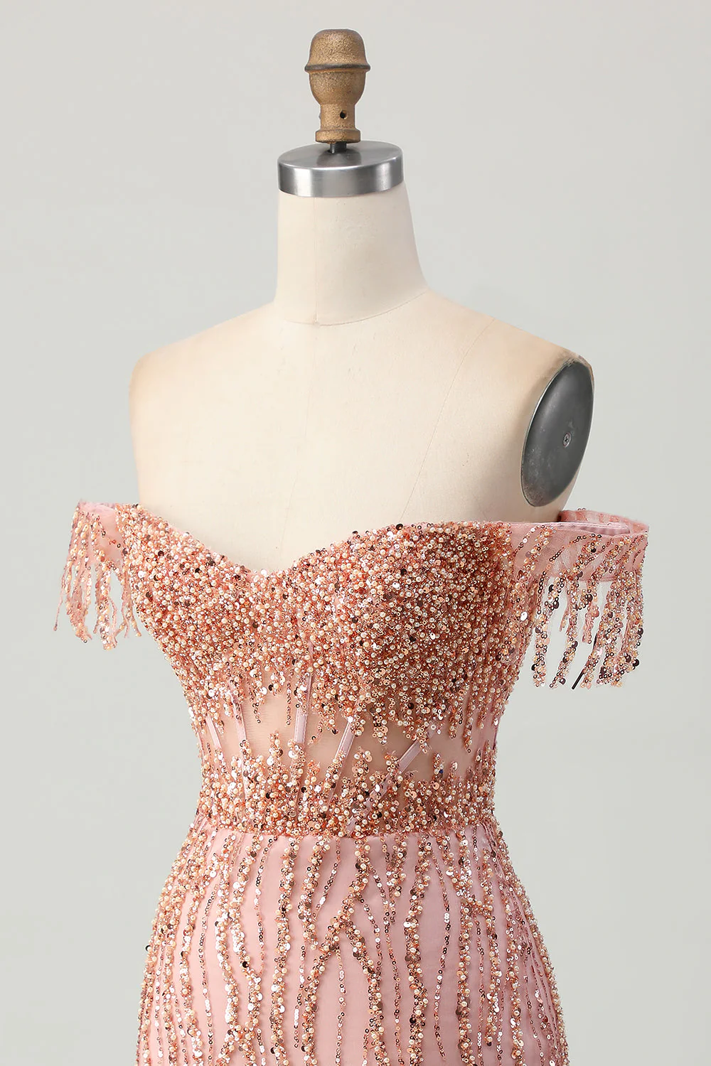 Dusty Rose Bodycon Off The Shoulder Gorset Krótka sukienka na powrót do domu z koralikami - Image 6