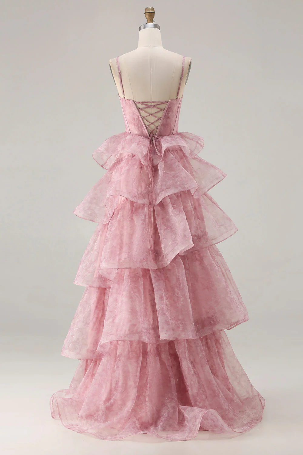 Dusty Rose Floral A Line Gorset z poziomowymi falbanami i długą sukienią na studniówkę z rozcięciem - Image 2