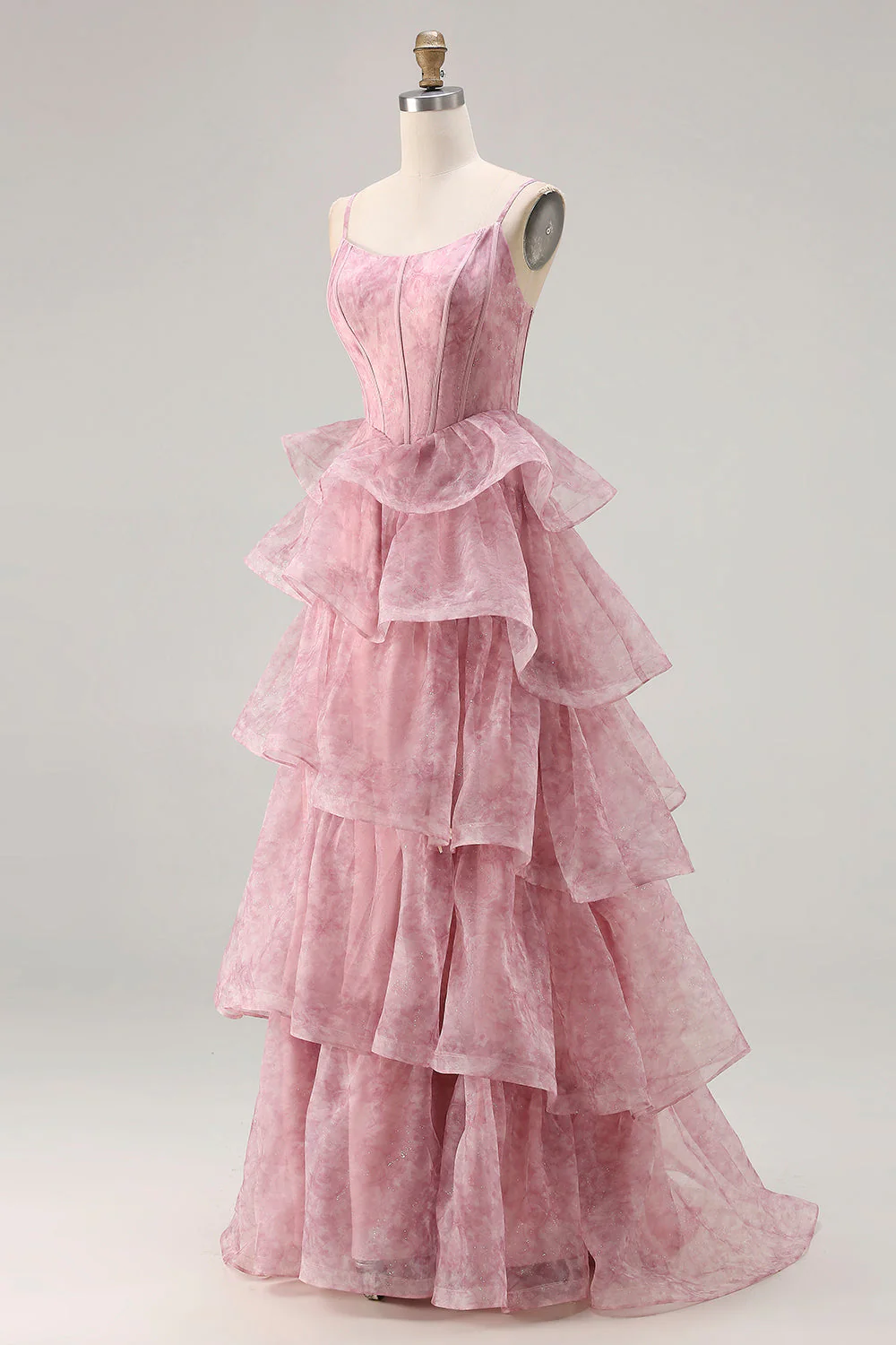 Dusty Rose Floral A Line Gorset z poziomowymi falbanami i długą sukienią na studniówkę z rozcięciem - Image 3