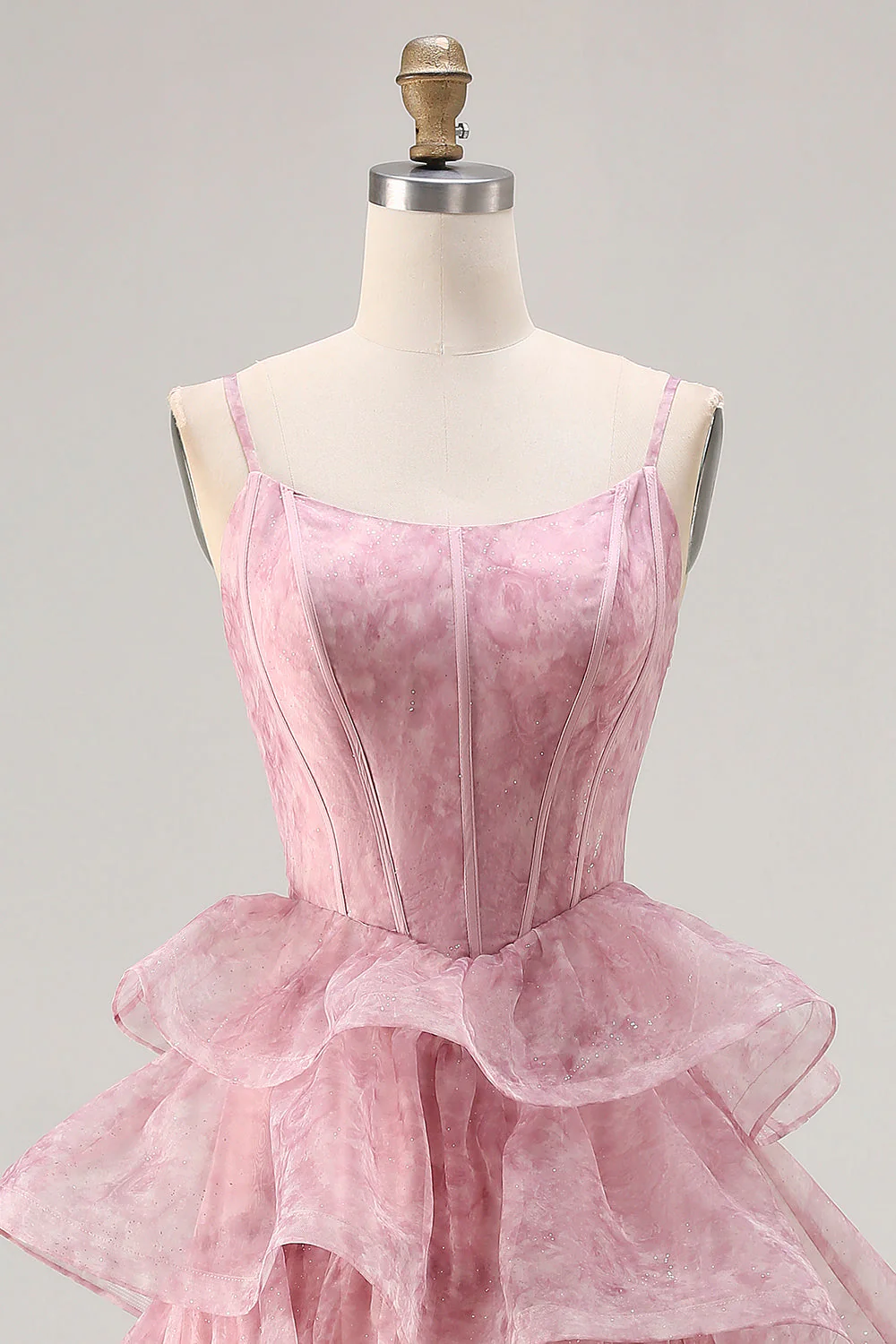 Dusty Rose Floral A Line Gorset z poziomowymi falbanami i długą sukienią na studniówkę z rozcięciem - Image 4