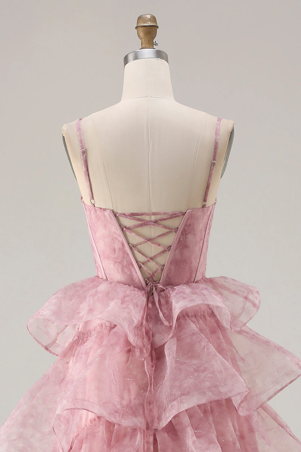 Dusty Rose Floral A Line Gorset z poziomowymi falbanami i długą sukienią na studniówkę z rozcięciem - Image 5