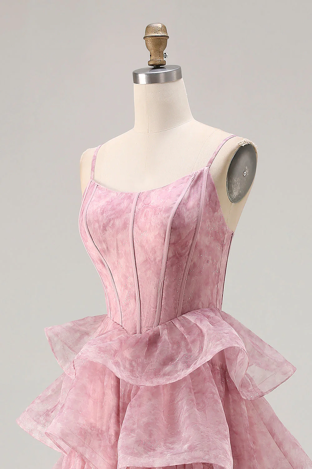 Dusty Rose Floral A Line Gorset z poziomowymi falbanami i długą sukienią na studniówkę z rozcięciem - Image 6