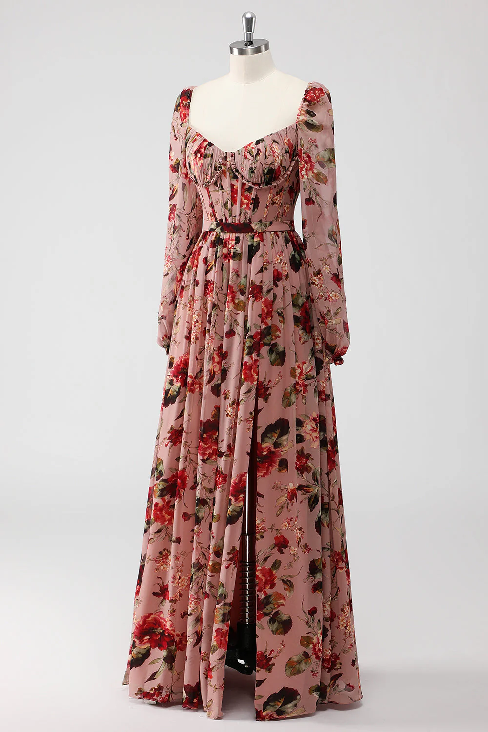 Dusty Rose Floral Gorset A Line Długie Rękawy Sukienka Dla Gości Weselnych Z Rozcięciem - Image 2