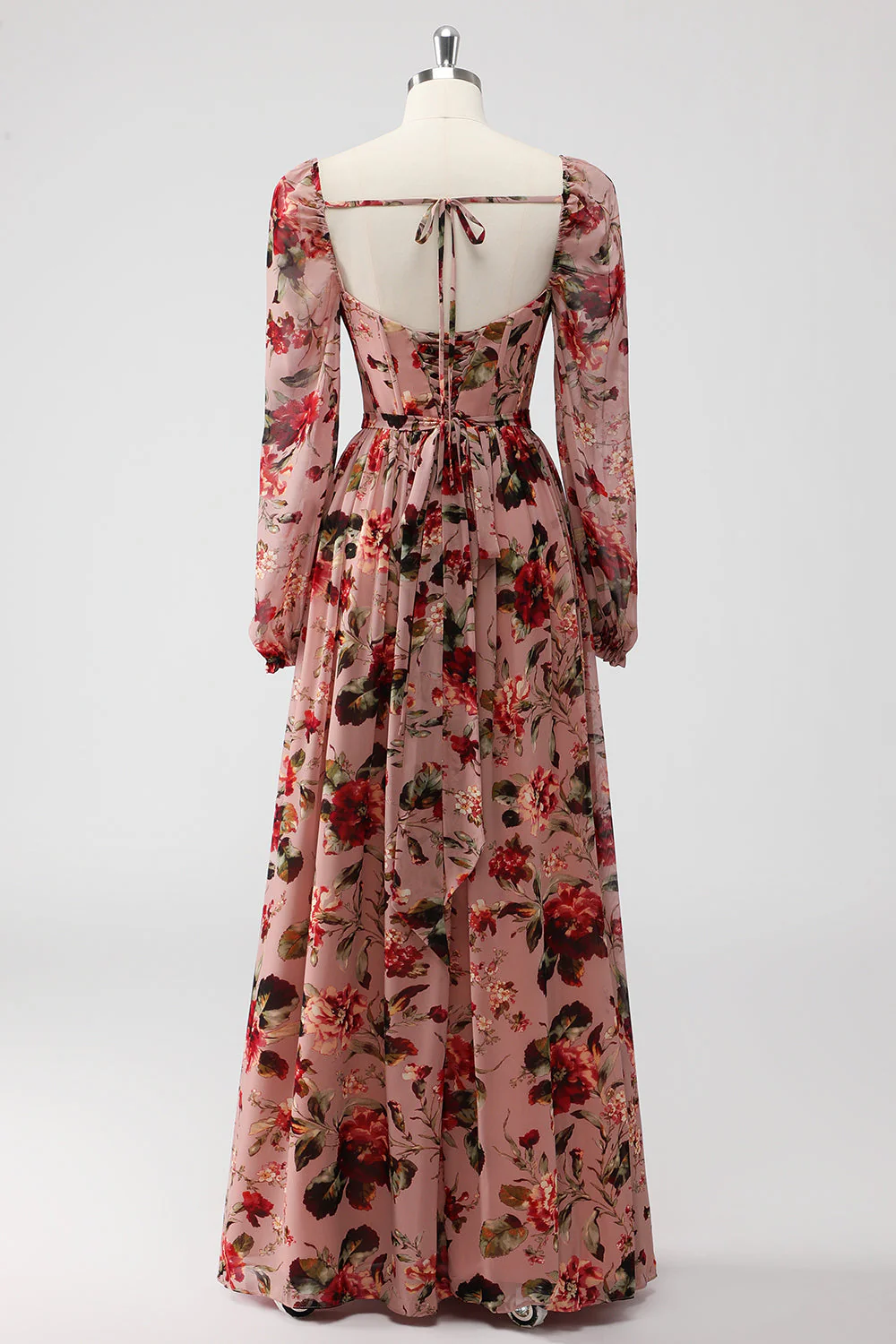 Dusty Rose Floral Gorset A Line Długie Rękawy Sukienka Dla Gości Weselnych Z Rozcięciem - Image 3