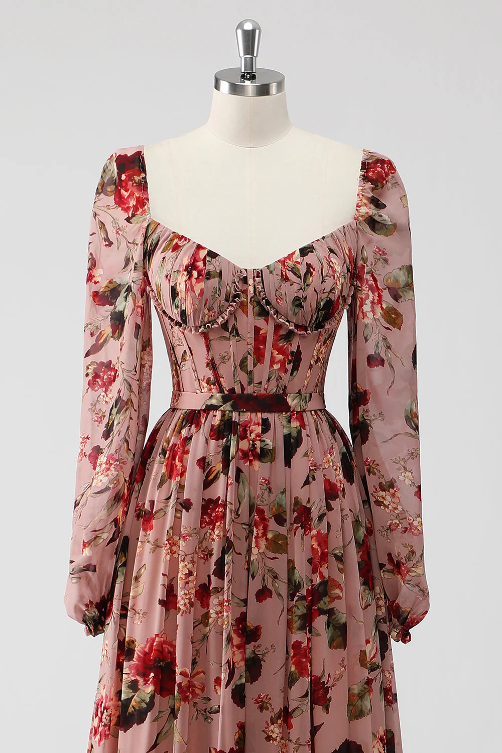 Dusty Rose Floral Gorset A Line Długie Rękawy Sukienka Dla Gości Weselnych Z Rozcięciem - Image 4