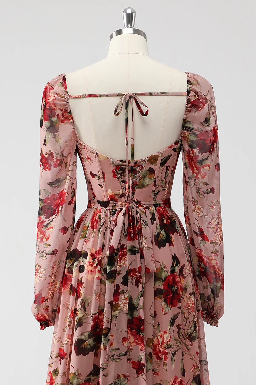 Dusty Rose Floral Gorset A Line Długie Rękawy Sukienka Dla Gości Weselnych Z Rozcięciem - Image 5