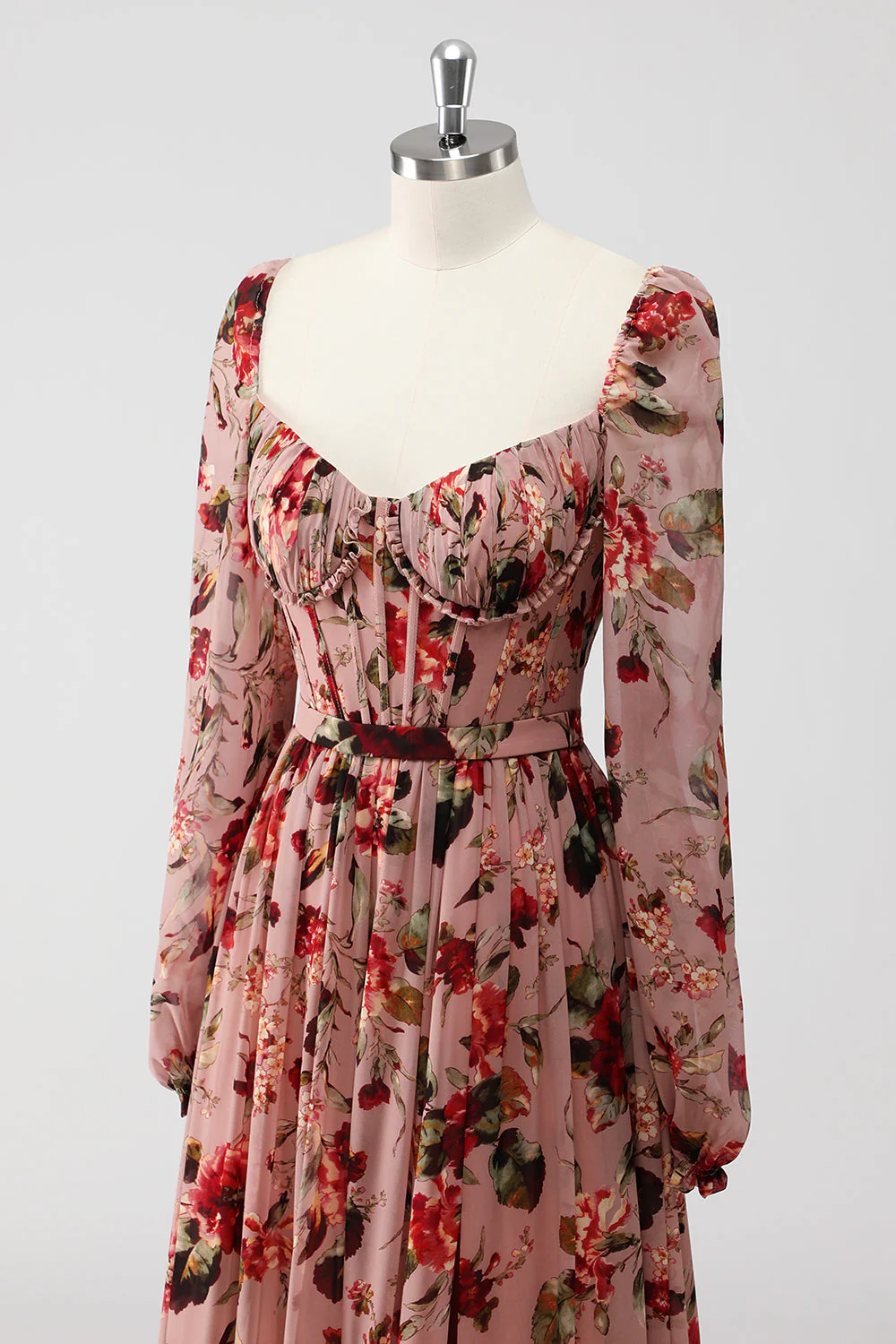 Dusty Rose Floral Gorset A Line Długie Rękawy Sukienka Dla Gości Weselnych Z Rozcięciem - Image 6