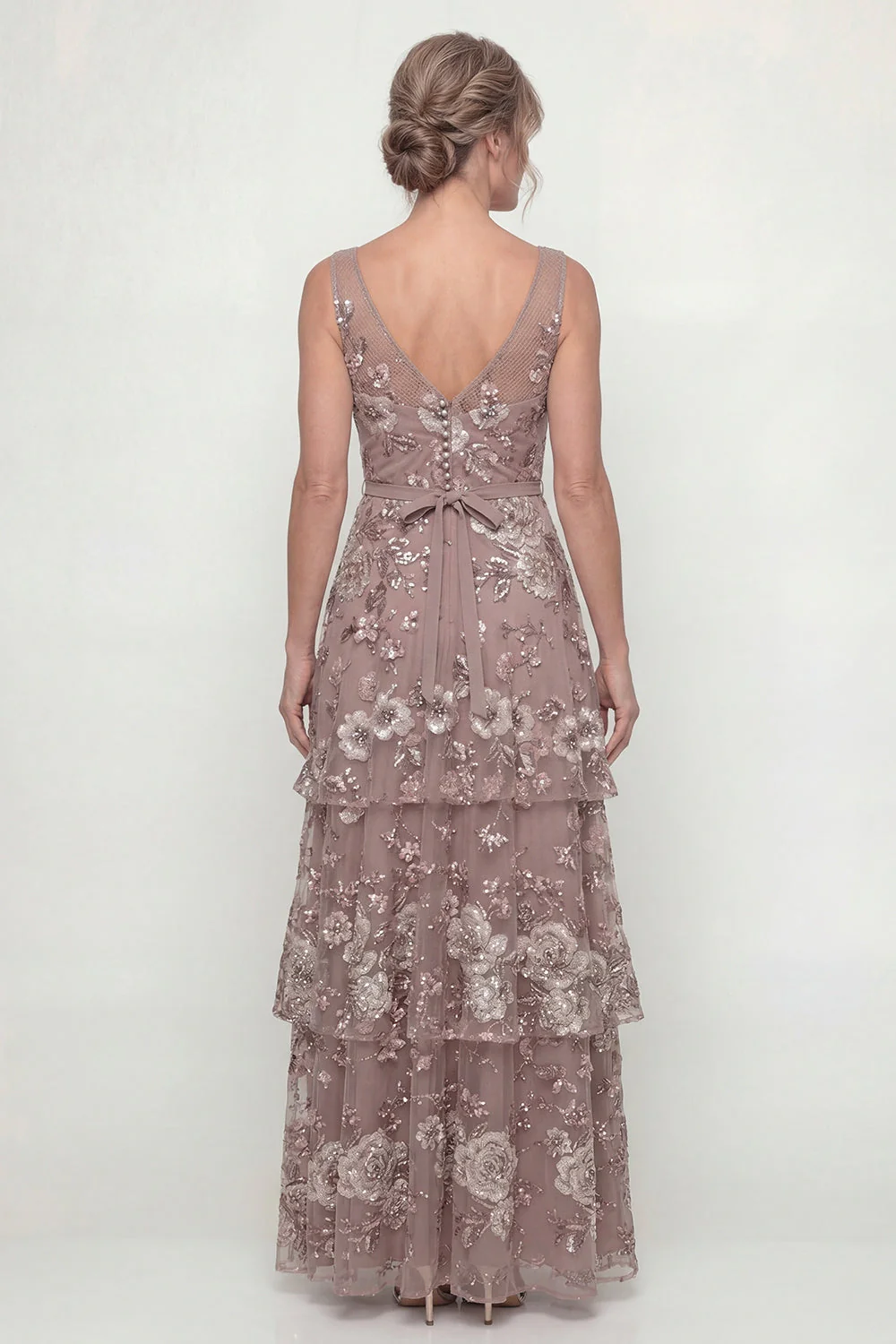 Dusty Rose Flower – długa sukienka matki panny młodej z falbanami i cekinami - Image 2