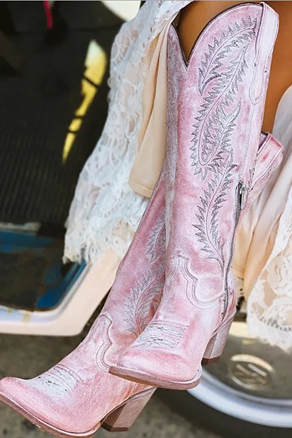 Dusty Rose Haftowane w połowie łydki Buty Boho Cowgirl - Image 2