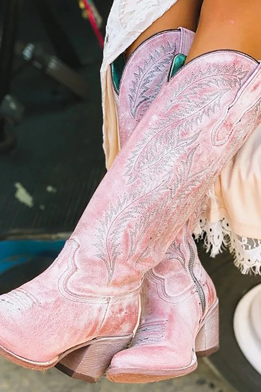 Dusty Rose Haftowane w połowie łydki Buty Boho Cowgirl - Image 3