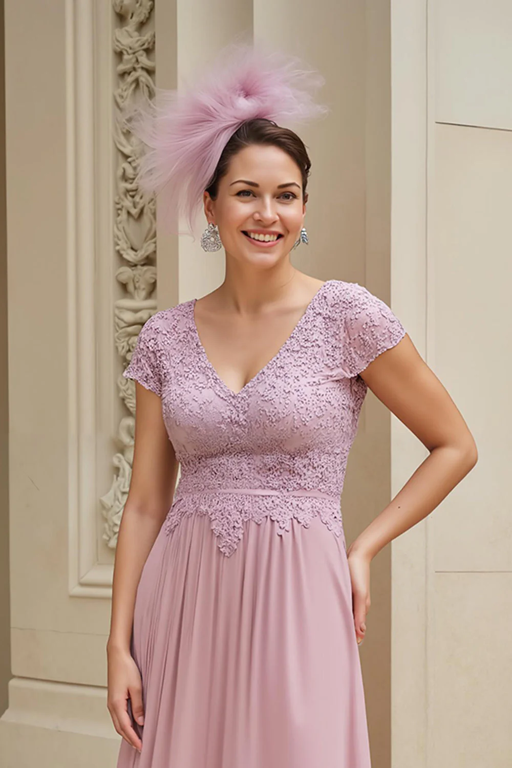Dusty Rose Linia A Dekolt W Szpic Długa Sukienka Dla Matki Panny Młodej Z Koronką - Image 3