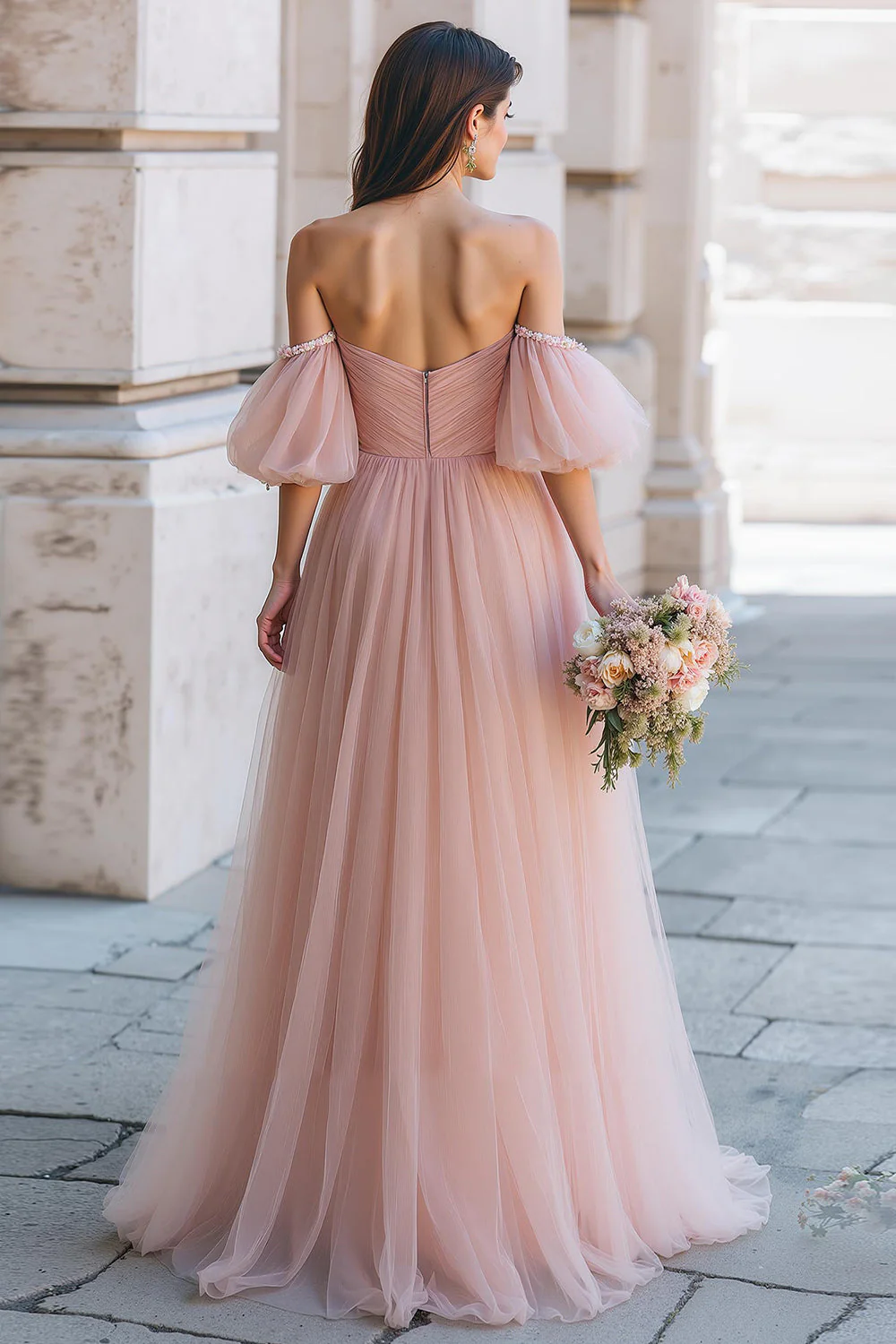 Dusty Rose Long A Line Off Off Shoulder Sukienka dla druhen z rękawami - Image 2