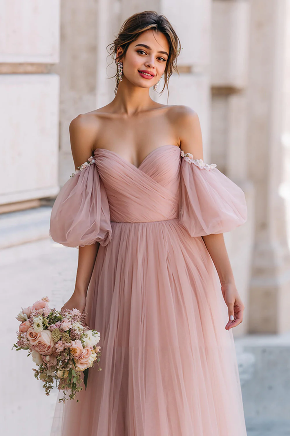 Dusty Rose Long A Line Off Off Shoulder Sukienka dla druhen z rękawami - Image 3
