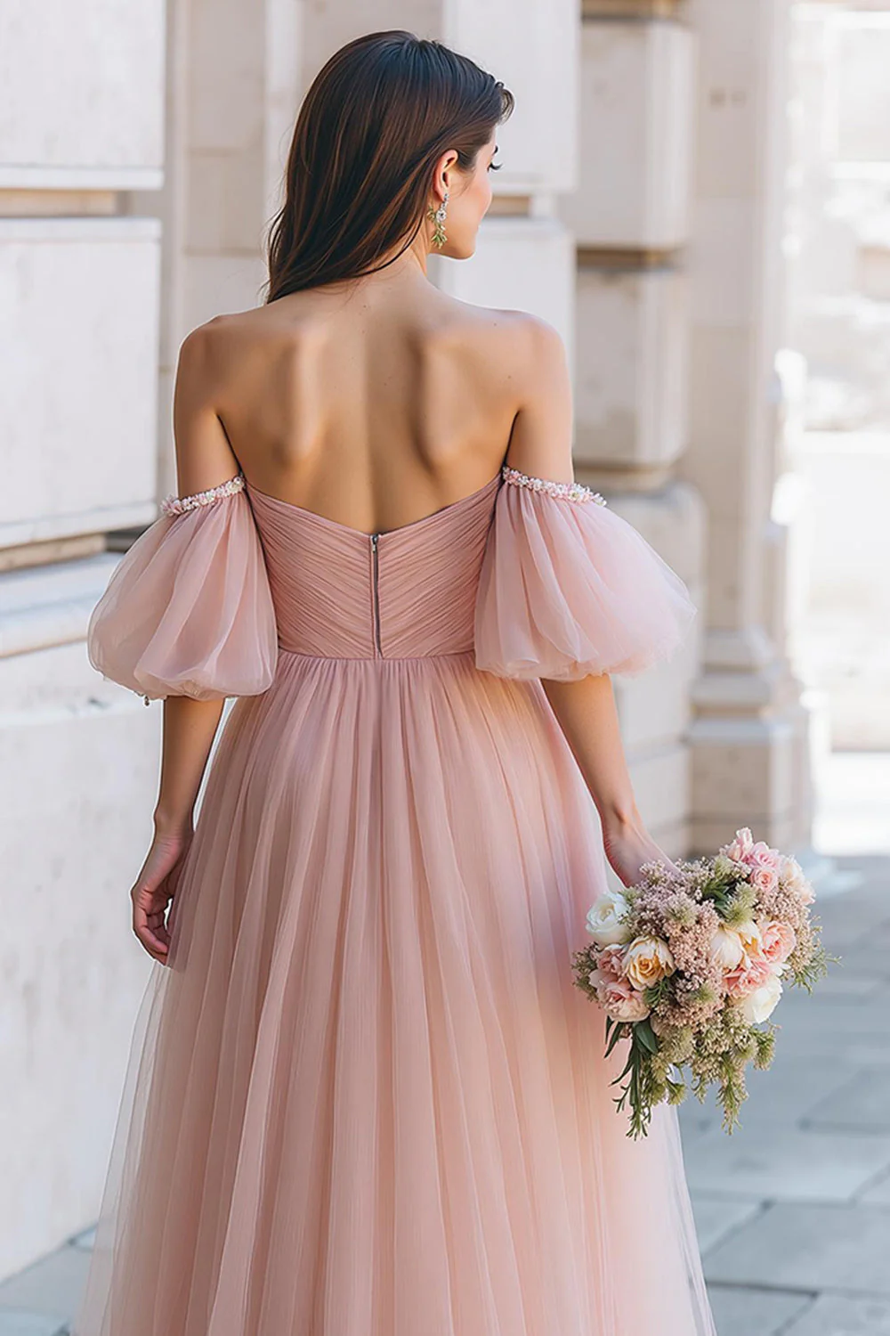 Dusty Rose Long A Line Off Off Shoulder Sukienka dla druhen z rękawami - Image 4