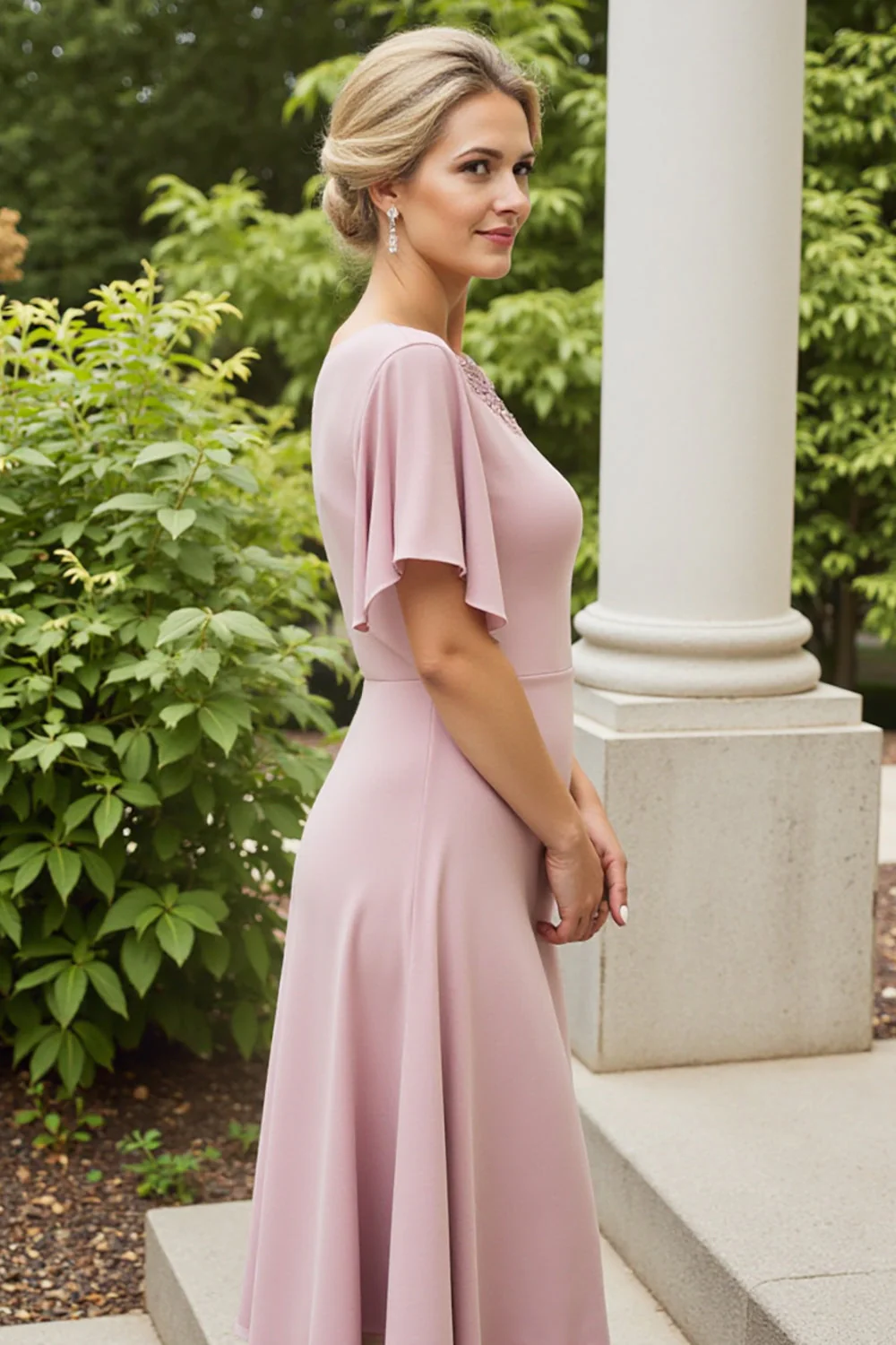 Dusty Rose Sheath Satyna Długa Sukienka Dla Matki Panny Młodej - Image 2