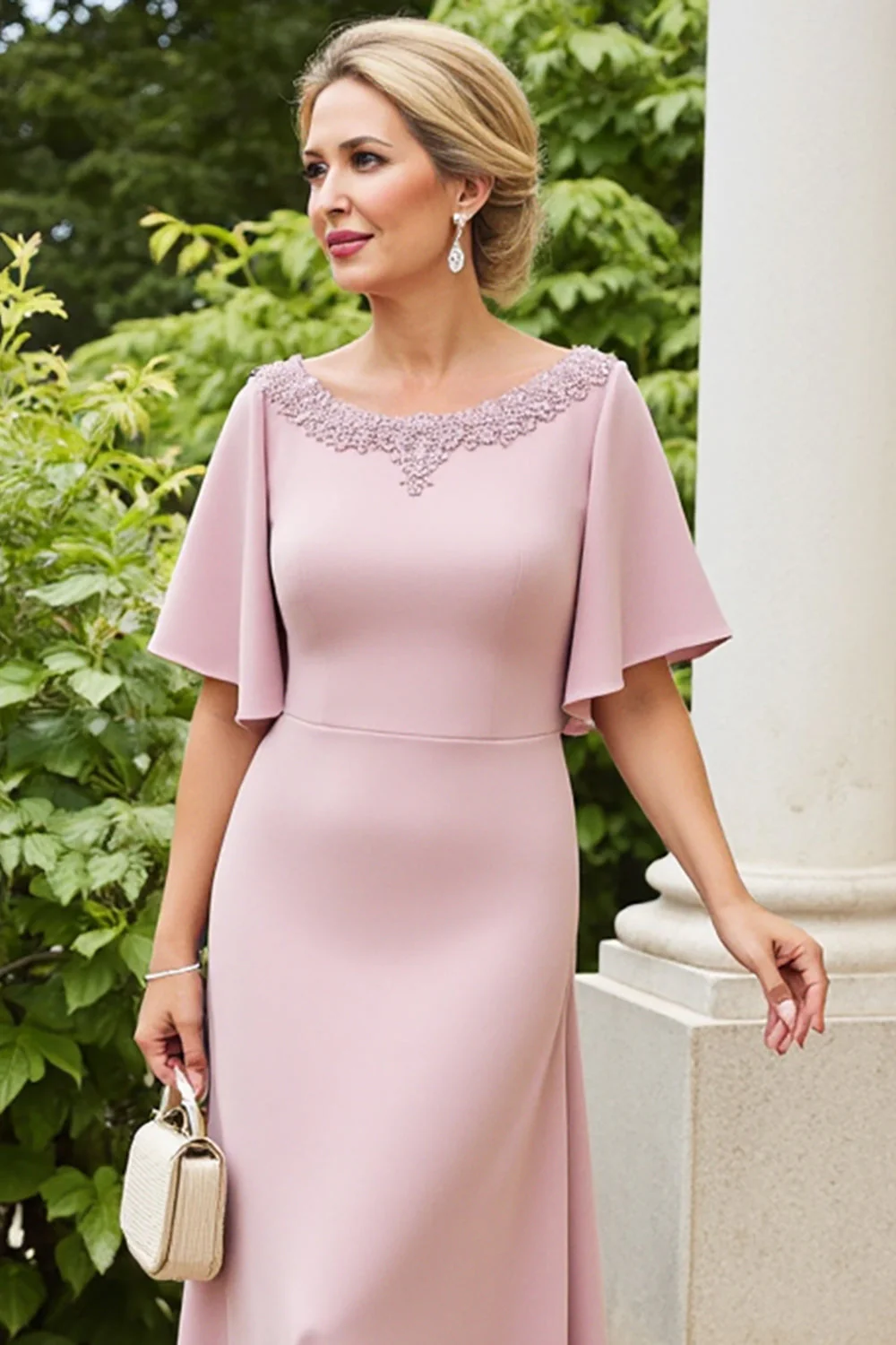 Dusty Rose Sheath Satyna Długa Sukienka Dla Matki Panny Młodej - Image 3
