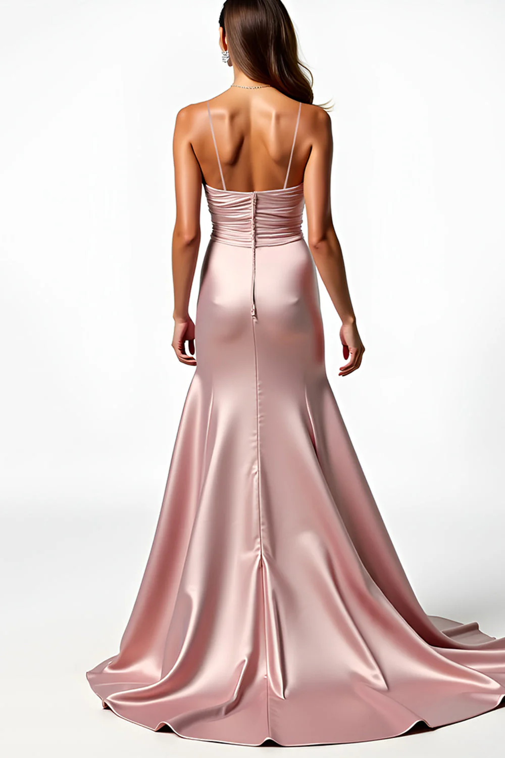 Dusty Rose Spaghetti Ramiączka Syrenka Plisowana sukienka na studniówkę z rozcięciem - Image 2