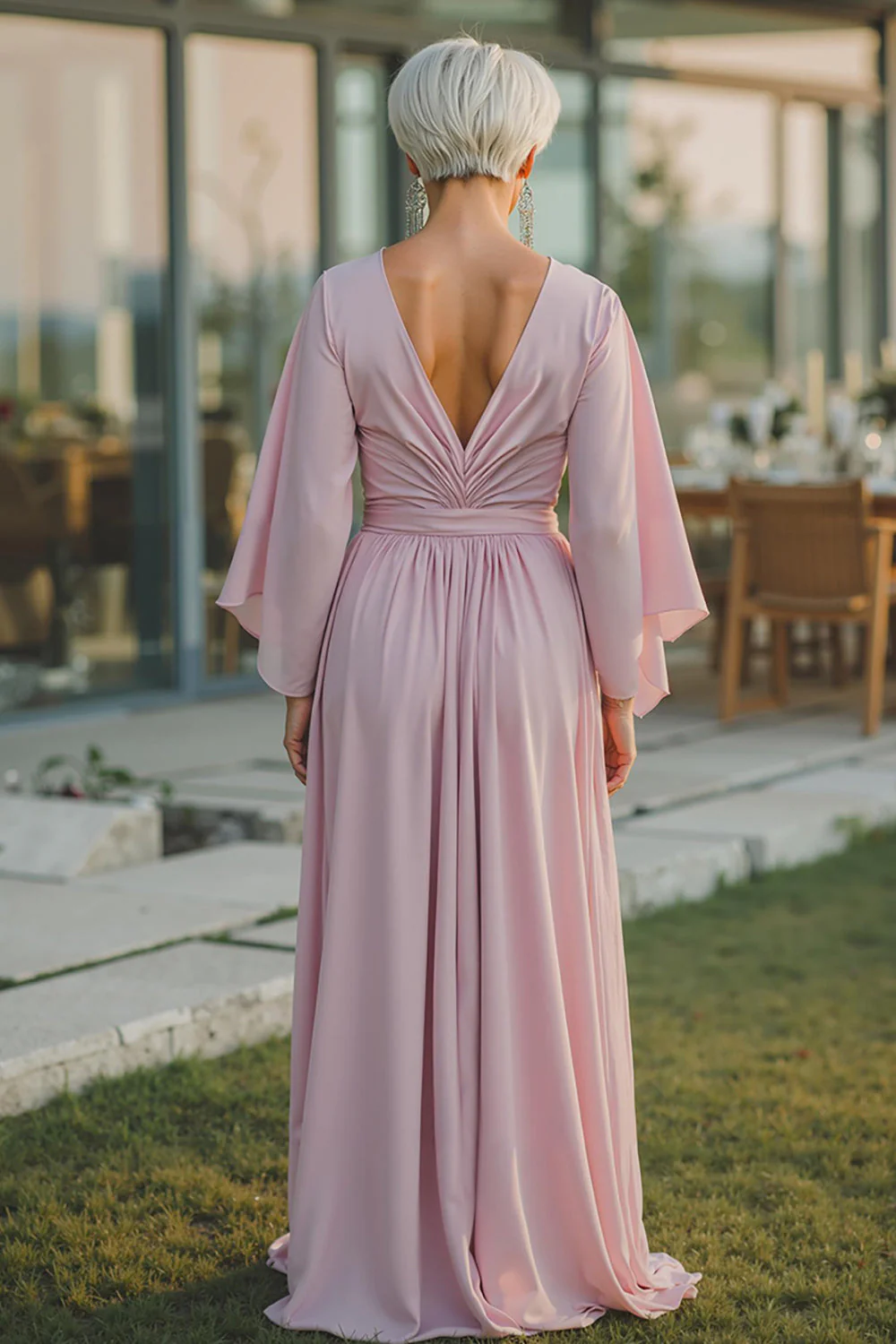 Dusty Rose Szyfon Dekolt W Szpic Ruched Długa Sukienka Dla Matki Panny Młodej Z Pół Rękawami - Image 2