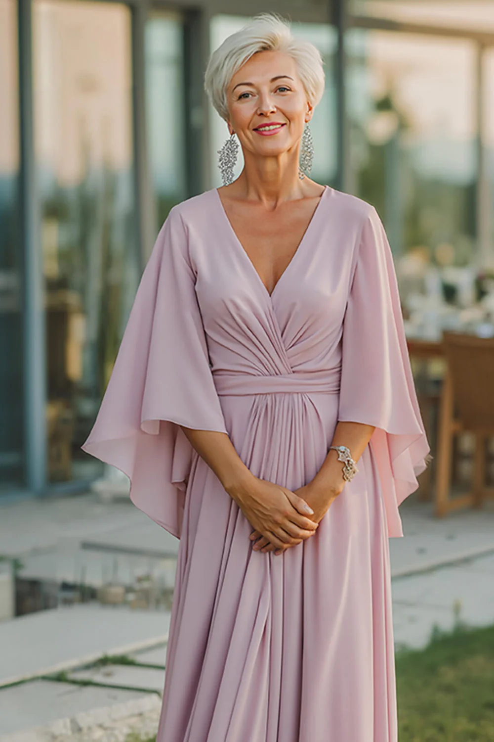 Dusty Rose Szyfon Dekolt W Szpic Ruched Długa Sukienka Dla Matki Panny Młodej Z Pół Rękawami - Image 3