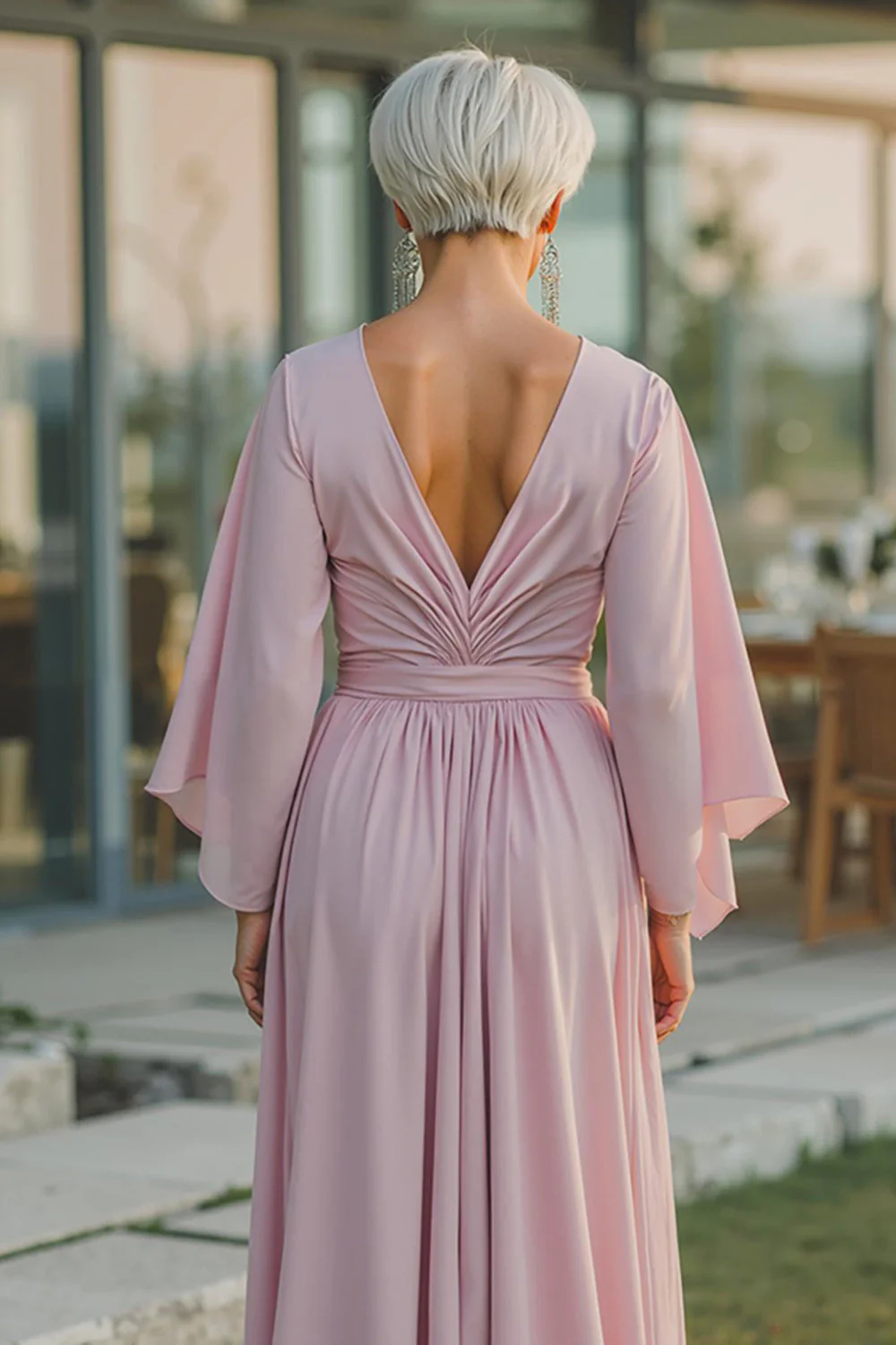 Dusty Rose Szyfon Dekolt W Szpic Ruched Długa Sukienka Dla Matki Panny Młodej Z Pół Rękawami - Image 4