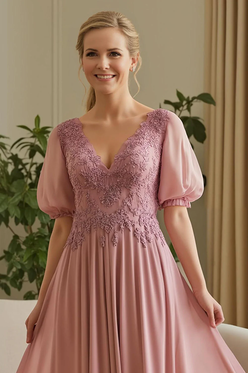 Dusty Rose Szyfon Z Aplikacjami Linia Sukienka dla matki panny młodej z bufiastymi rękawami - Image 2