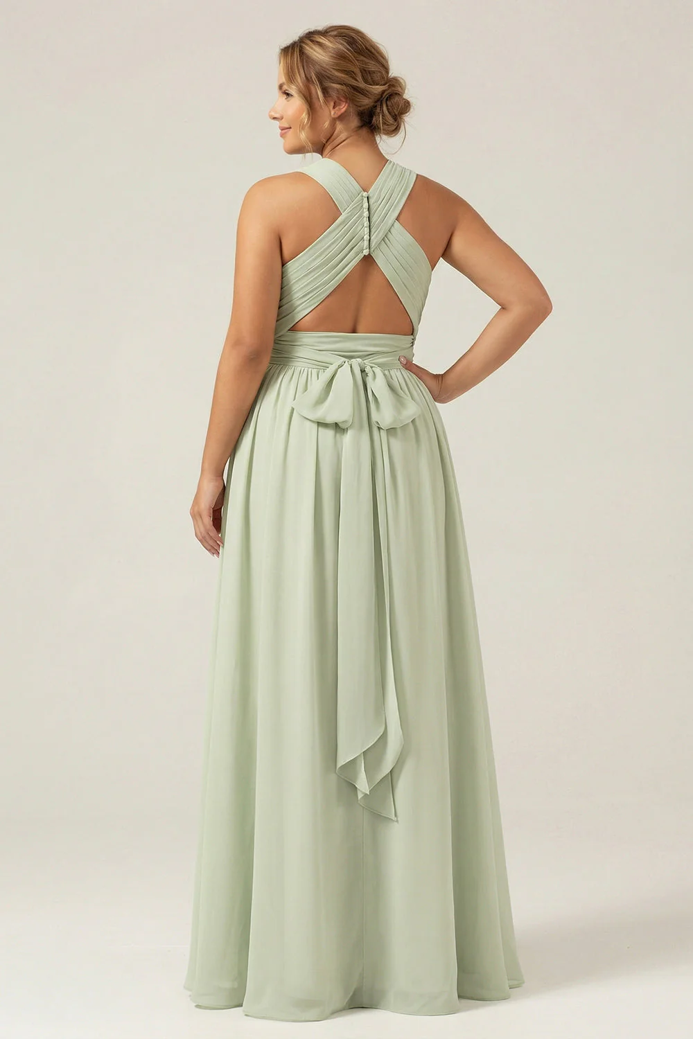 Dusty Sage A Line A Line Hatter Chiffon Plisowana długa sukienka druhny plus size z rozcięciem - Image 2