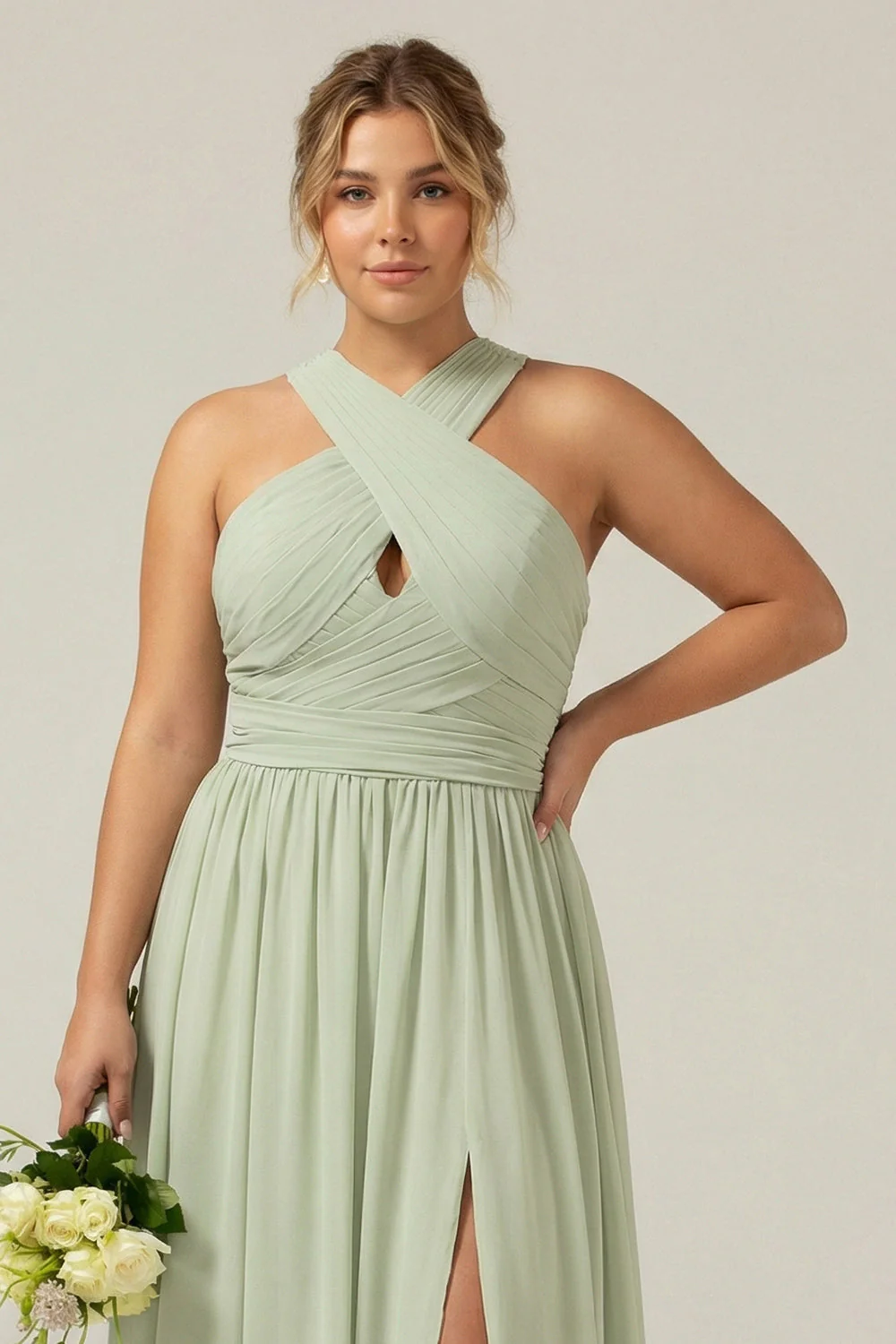 Dusty Sage A Line A Line Hatter Chiffon Plisowana długa sukienka druhny plus size z rozcięciem - Image 3