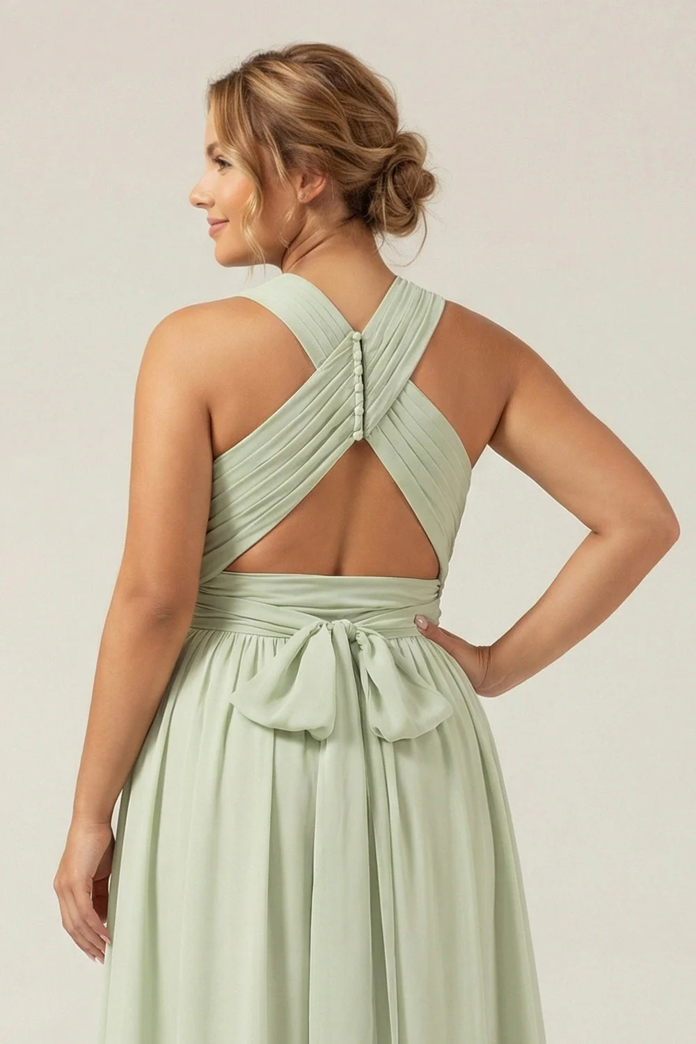 Dusty Sage A Line A Line Hatter Chiffon Plisowana długa sukienka druhny plus size z rozcięciem - Image 4