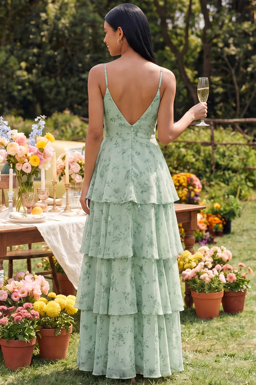 Dusty Sage Floral A Line Tiered Maxi Dress - Image 2