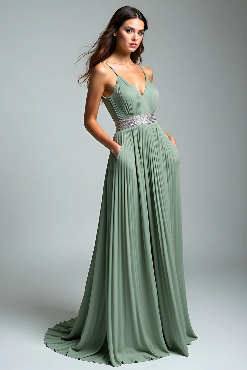 Dusty Sage Ruched Spaghetti Paski A Line Formalna Sukienka - Image 3
