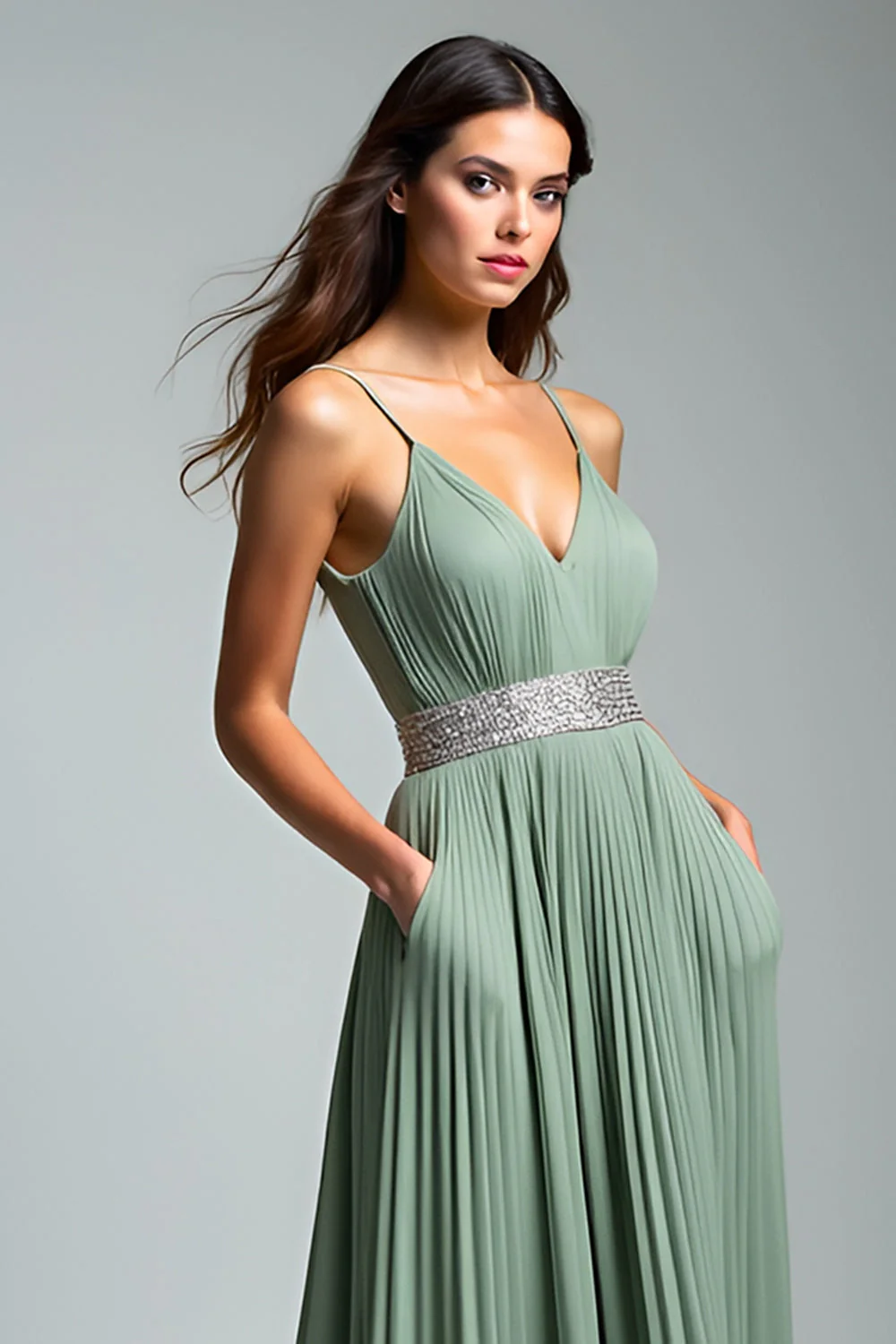 Dusty Sage Ruched Spaghetti Paski A Line Formalna Sukienka - Image 6
