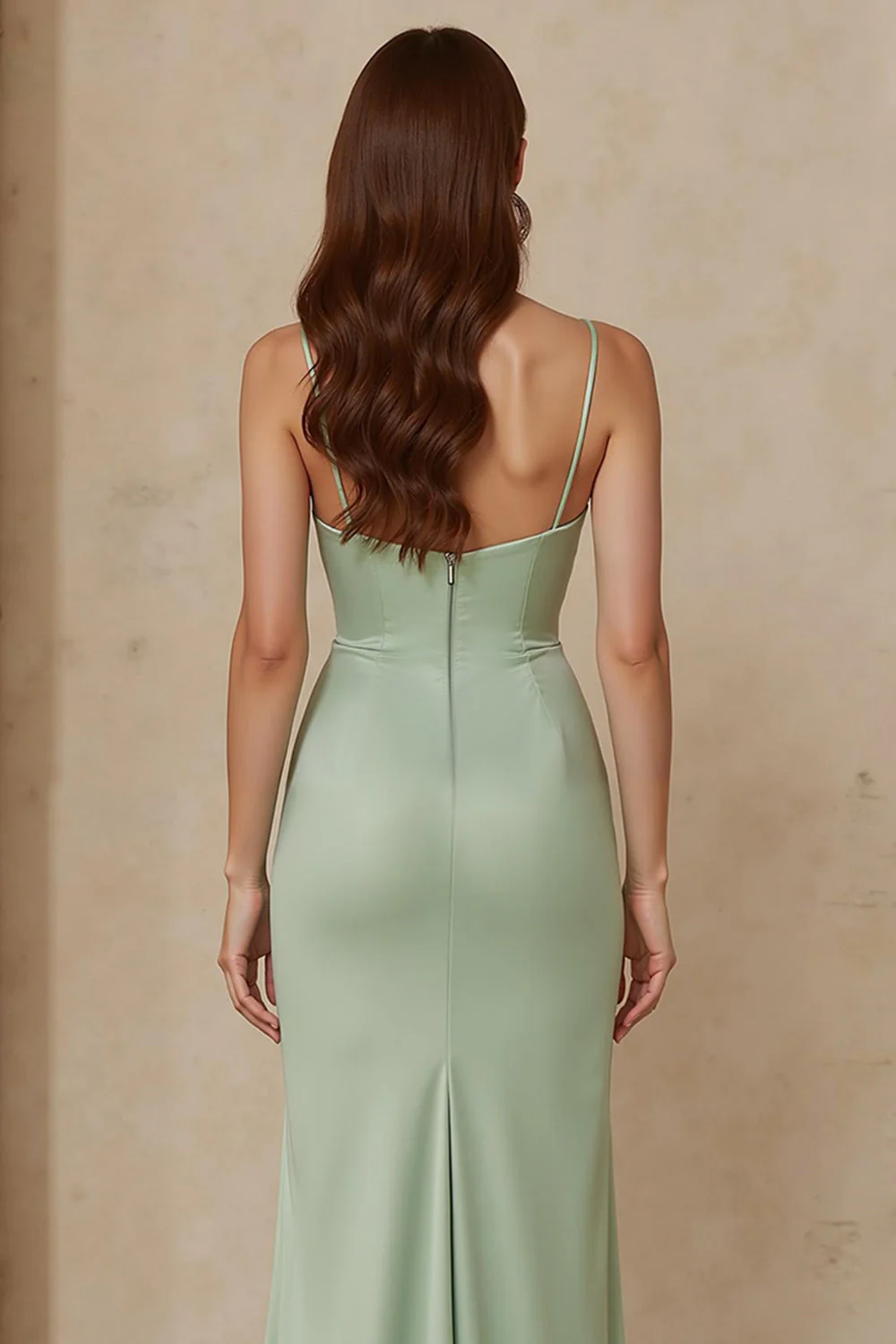 Dusty Sage Satin Sheath Spaghetti Ramiączka Długa Sukienka Druhny Z Rozcięciem - Image 4