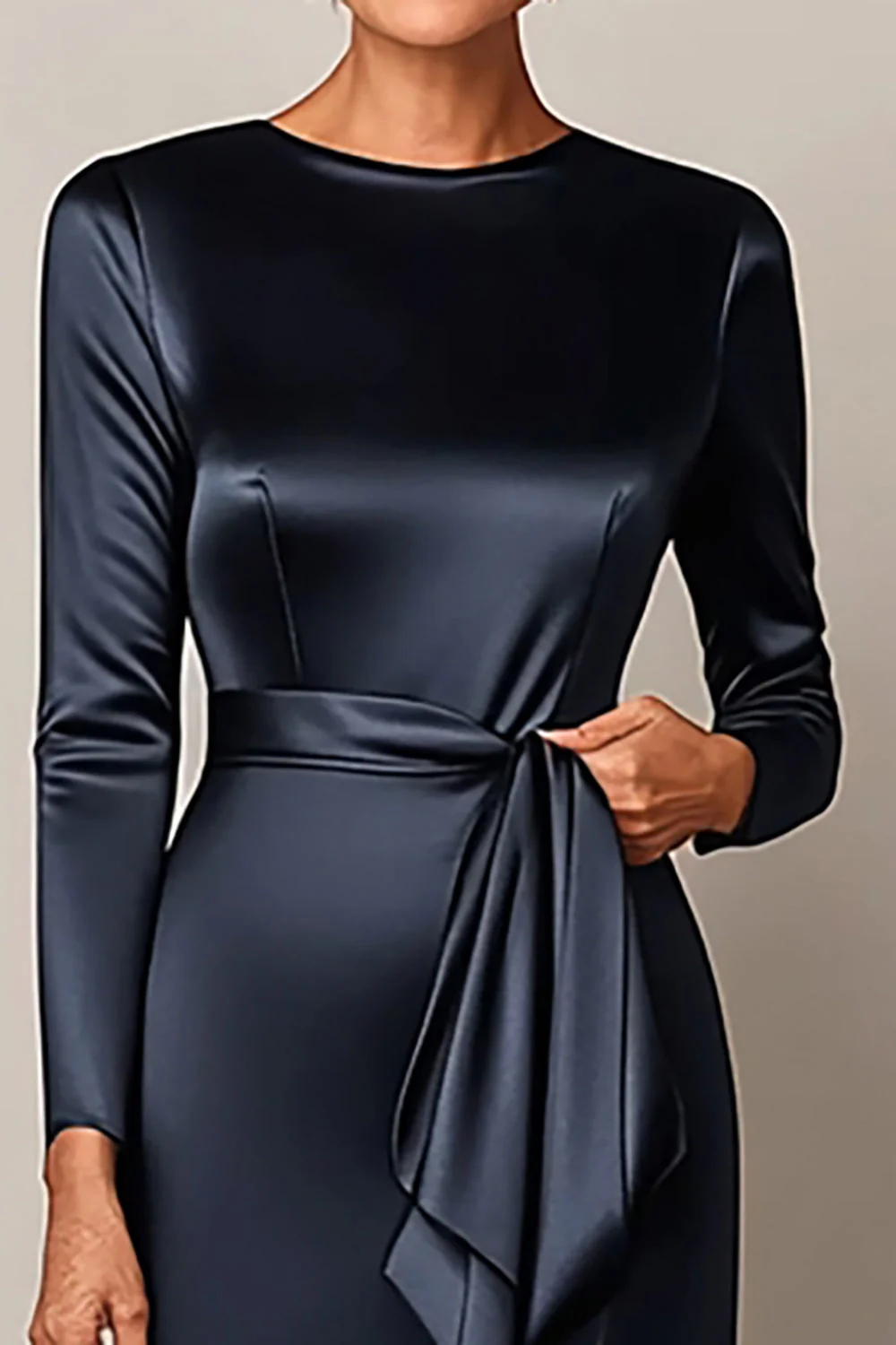 Elegancka Bodycon Granatowa Satynowa Sukienka Dla Matki Panny Młodej Z Drapowaniem - Image 2