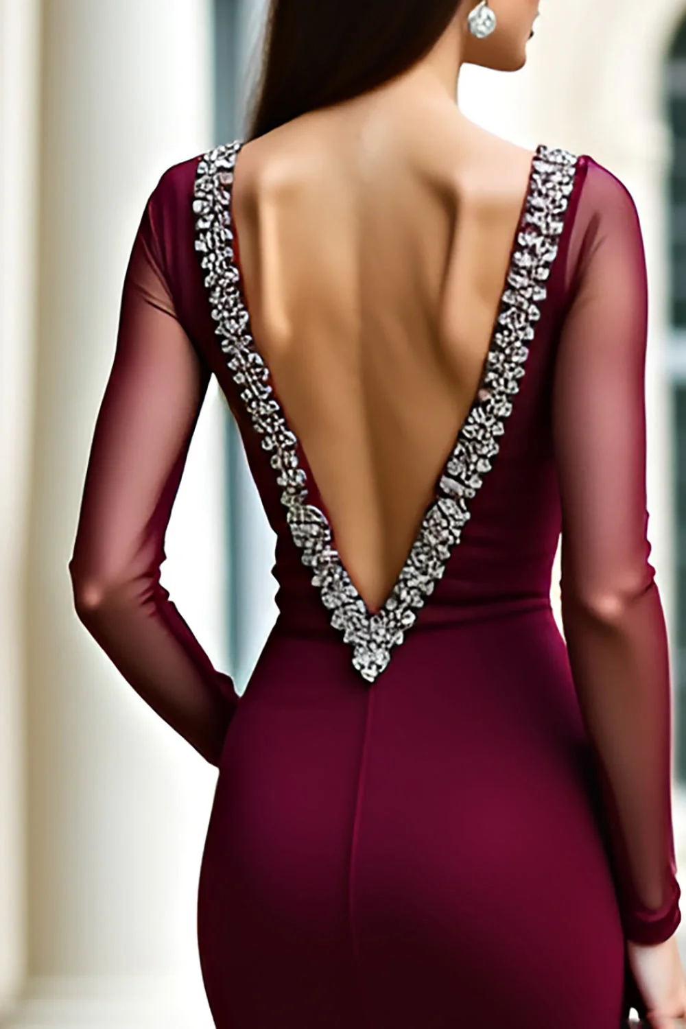 Elegancka bordowa sukienka bez pleców z długimi rękawami - Image 5