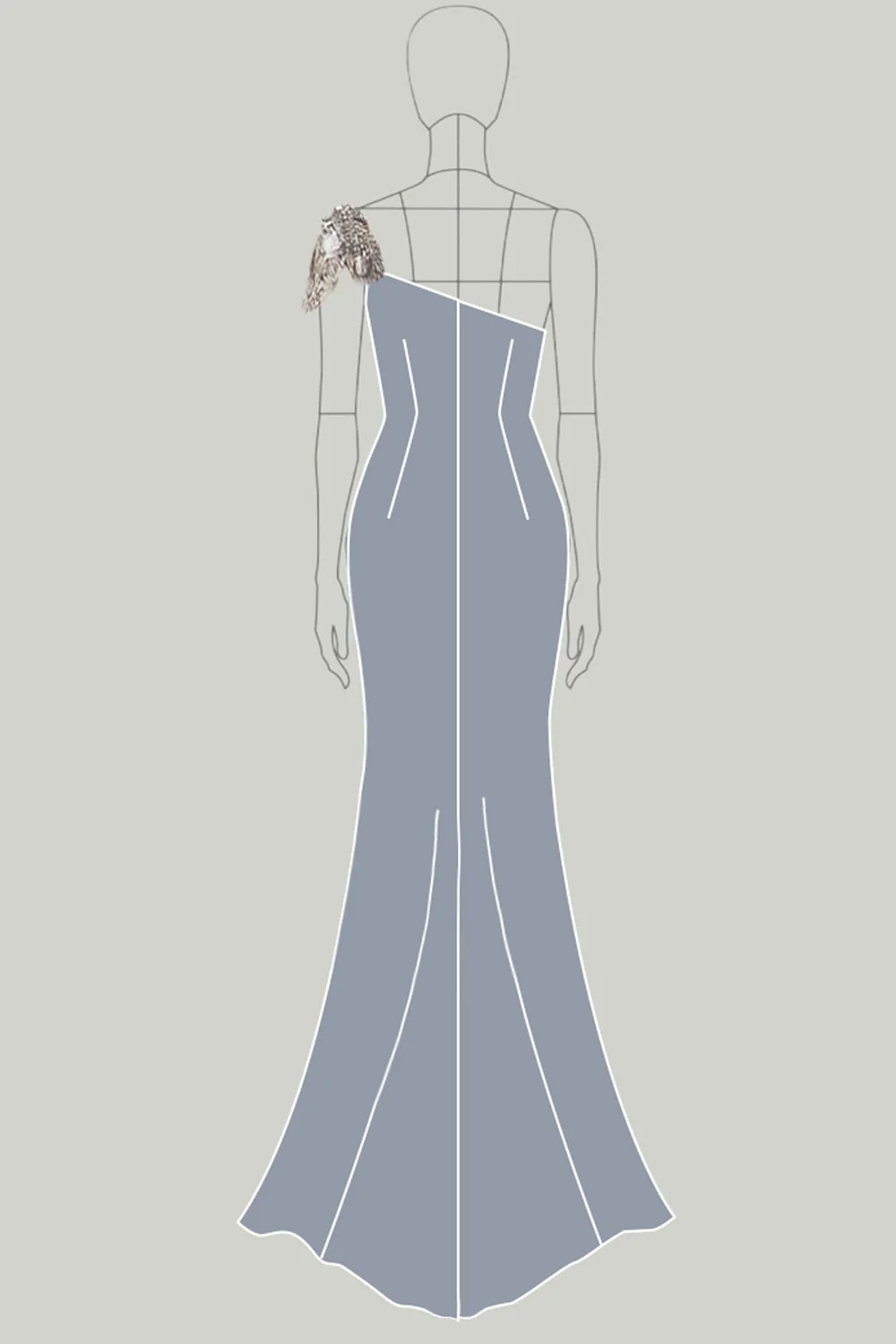 Elegancka ciemnoszara satynowa sukienka wizytowa na jedno ramię z kwiatami 3D - Image 3
