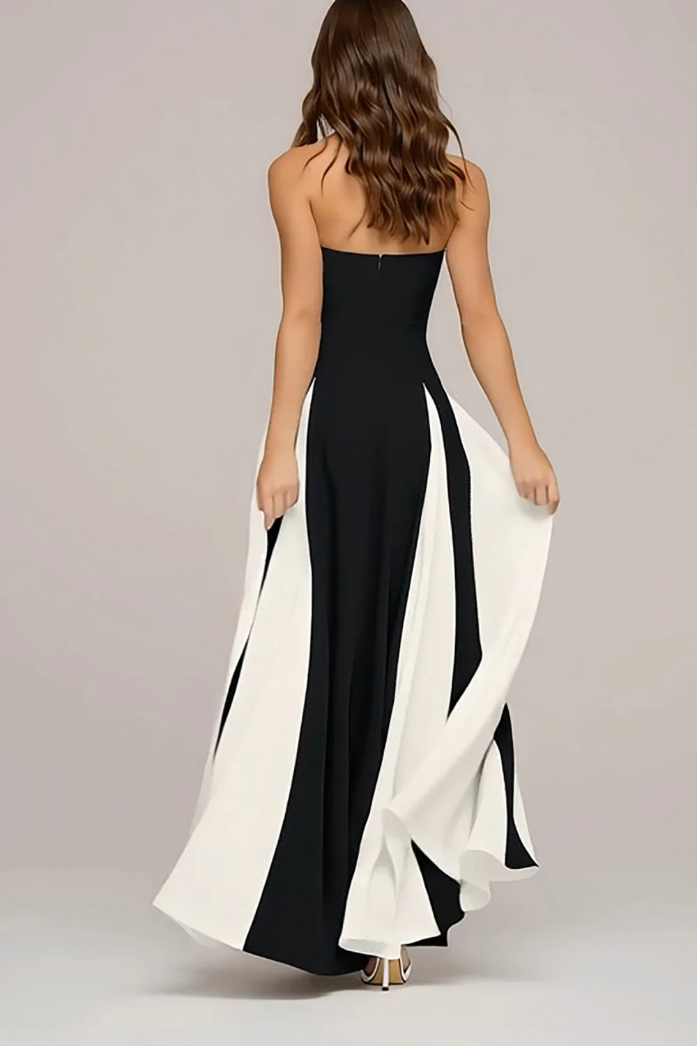 Elegancka czarno-biała sukienka maxi bez ramiączek w stylu A Line - Image 2