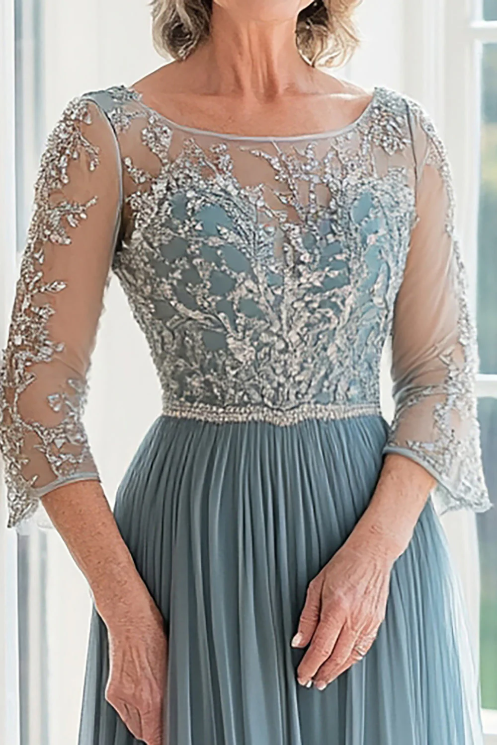 Elegancka Dusty Blue Scoop Tiul W Kształcie Litery A Długa Matka Panny Młodej z Koralikami - Image 2