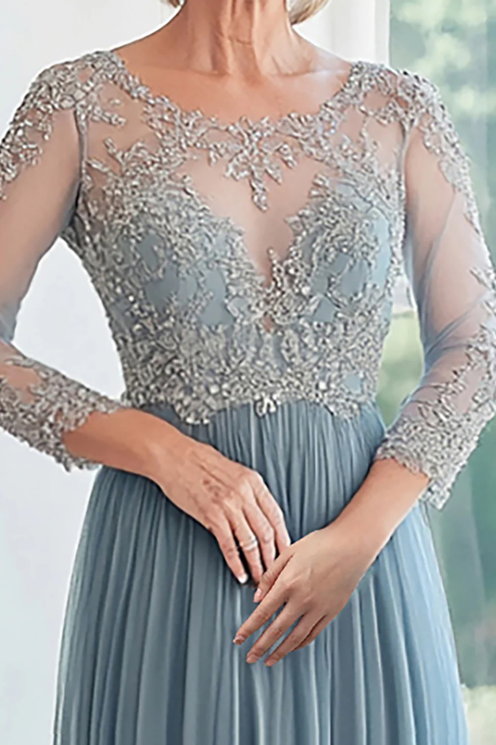 Elegancka Dusty Blue Scoop Tiulowa Aplikacja W Kształcie A Długa Matka Panny Młodej - Image 2