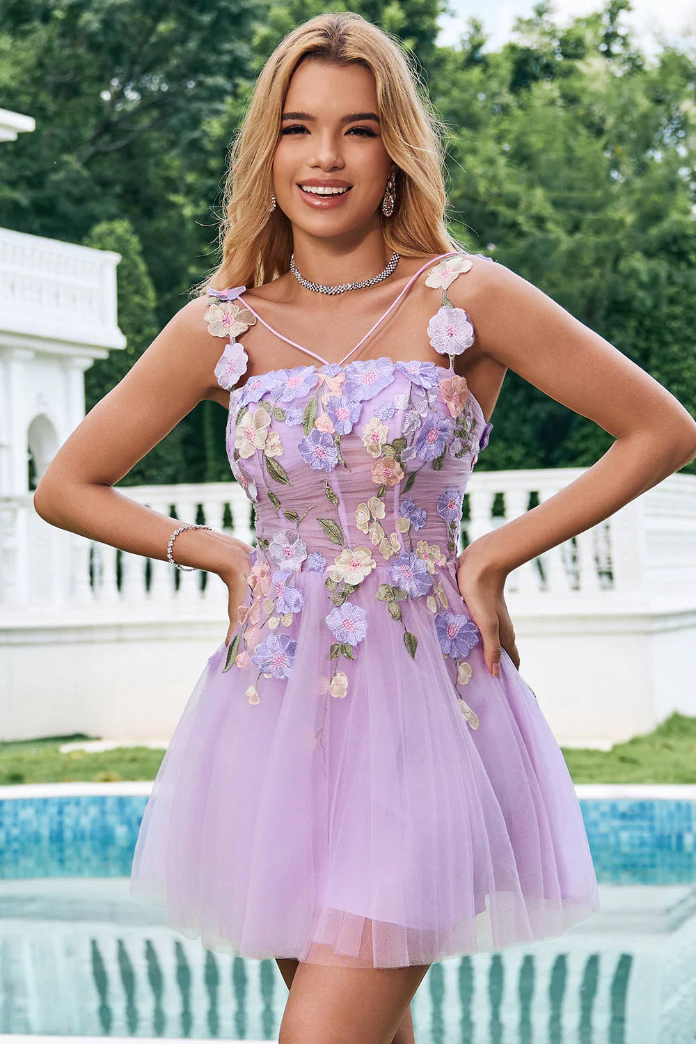 Elegancka fioletowa linia A Halter Kwiaty Tiulowa krótka sukienka na powrót do domu z koronką na plecach - Image 5