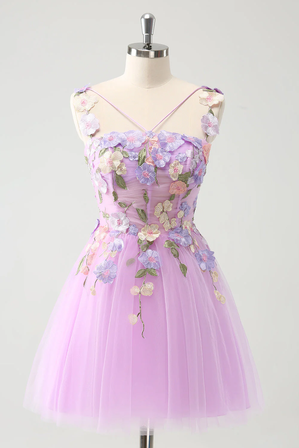 Elegancka fioletowa linia A Halter Kwiaty Tiulowa krótka sukienka na powrót do domu z koronką na plecach - Image 8