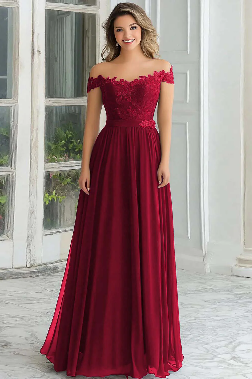 Elegancka Granatowa Szyfonowa Długa Sukienka Z Odkrytymi Ramionami Dla Matki Panny Młodej Z Koronkowymi Aplikacjami - Image 5