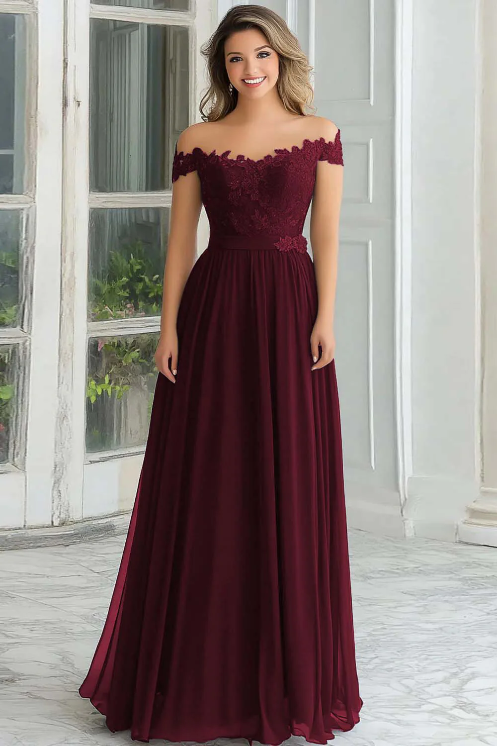 Elegancka Granatowa Szyfonowa Długa Sukienka Z Odkrytymi Ramionami Dla Matki Panny Młodej Z Koronkowymi Aplikacjami - Image 6
