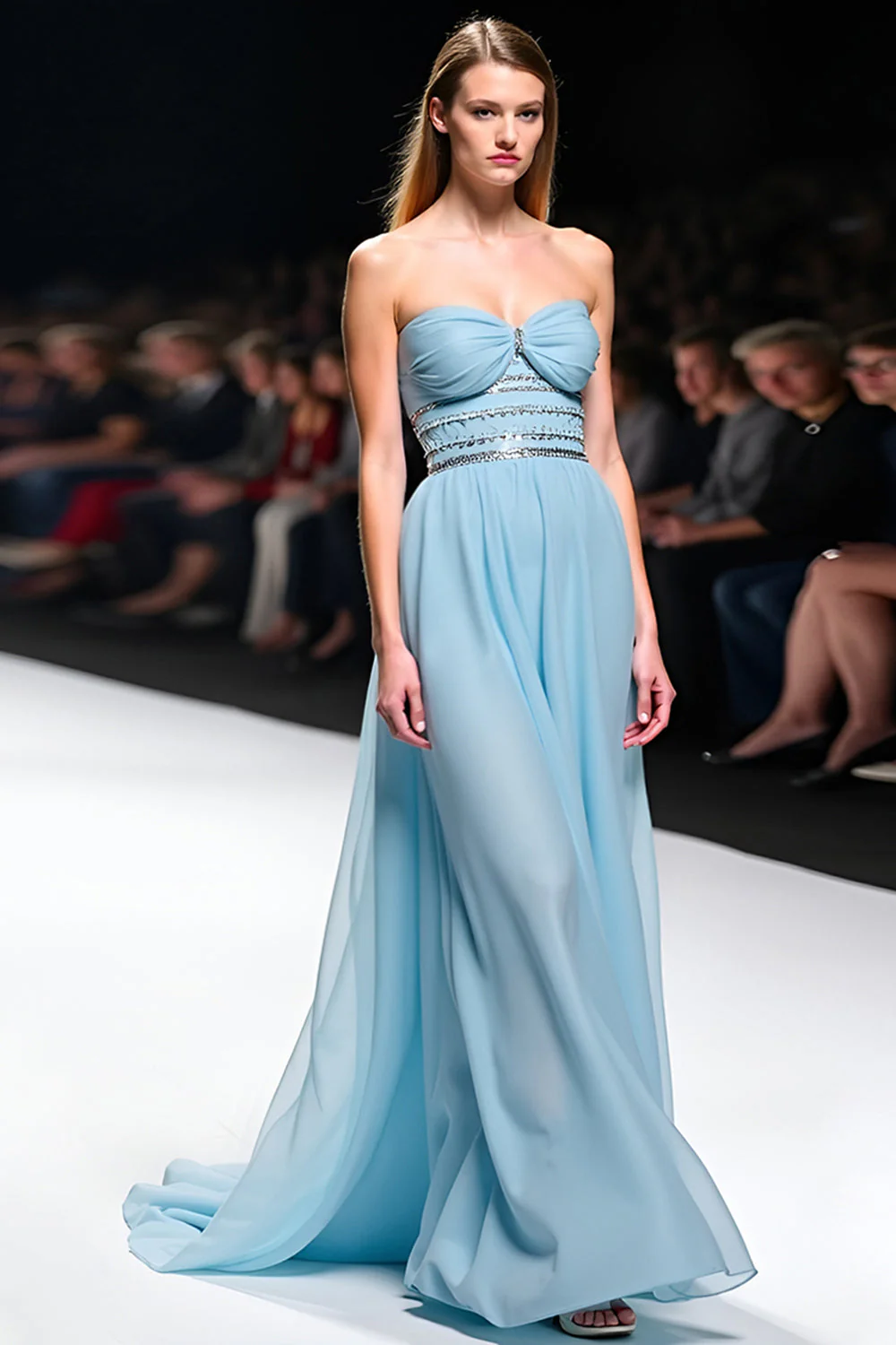 Elegancka sukienka galowa A Line Sweetheart z marszczeniami Szary Niebieski - Image 3