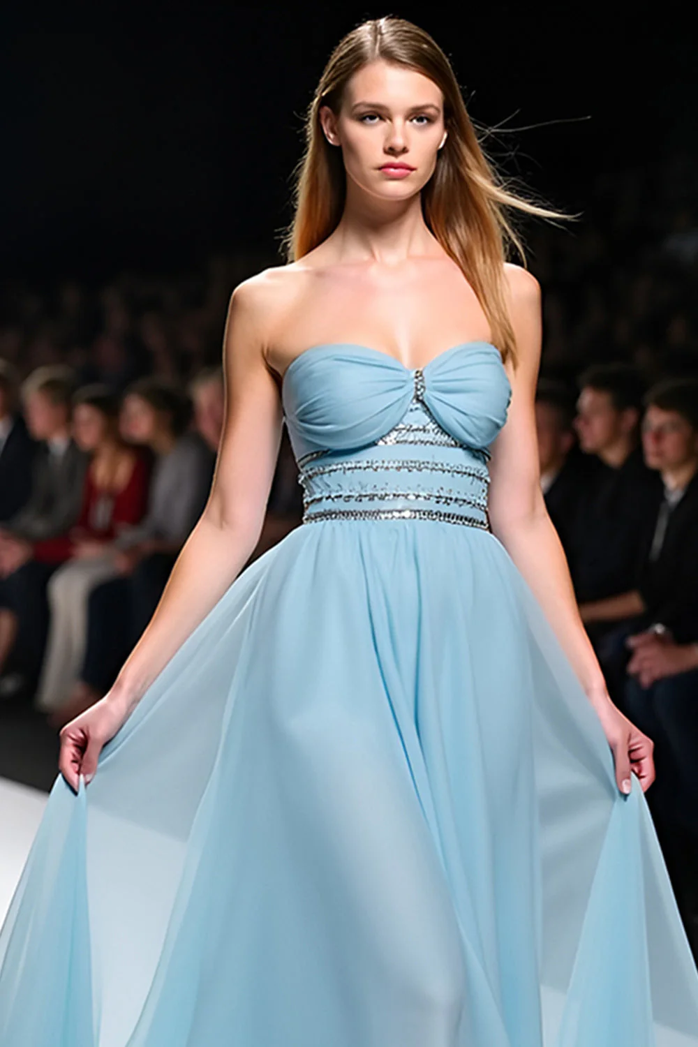 Elegancka sukienka galowa A Line Sweetheart z marszczeniami Szary Niebieski - Image 4