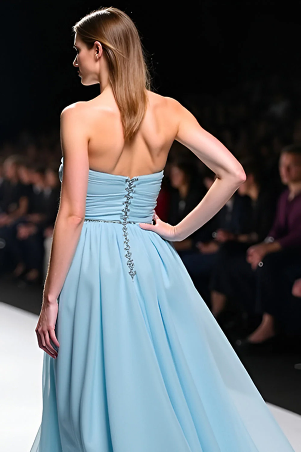Elegancka sukienka galowa A Line Sweetheart z marszczeniami Szary Niebieski - Image 5